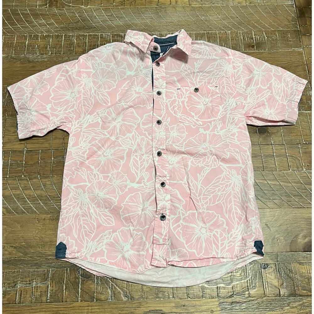 Distortion Boys Button Down Shirt Size Medium 10-12 Pink Tropical Print Dressy